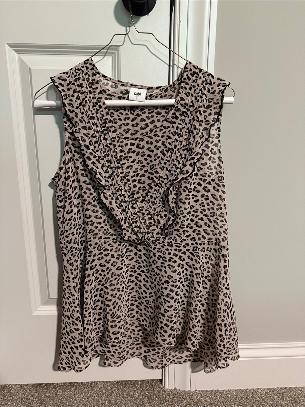 CAbi Taupe & Black Leopard Ruffle Sleeveless Top